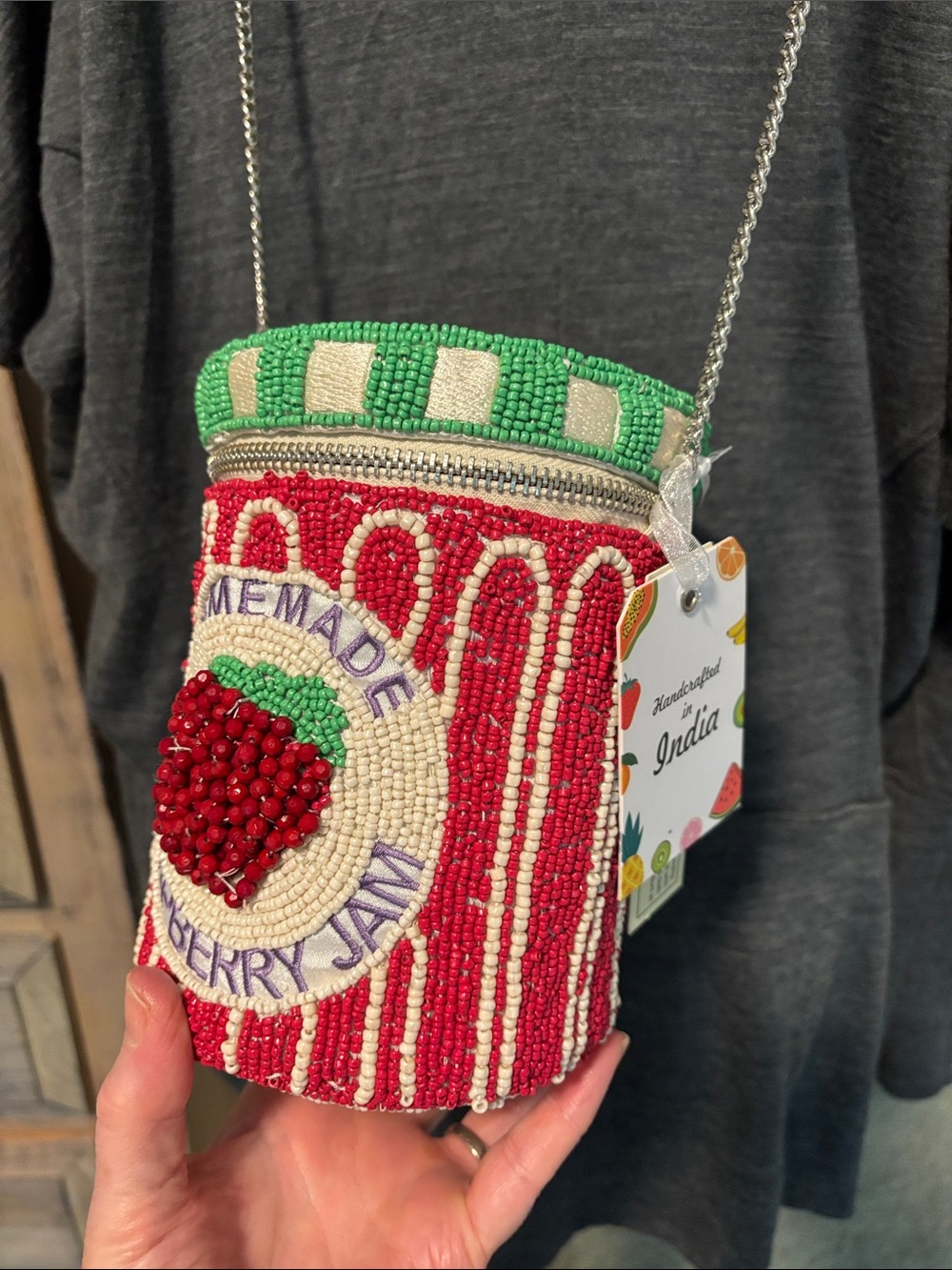 Made in India Hand-Beaded Raspberry Jam Red & Green CrossbodyBag - Picture 3 of 14